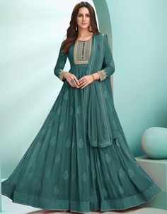 Teal Green Heavy Faux Georgette Anarkali Anarkali Indian Anarkali Dresses, Simple Indian Suits, Anarkali Tops, Georgette Anarkali Suits, Designer Suits Online, Indian Anarkali, Georgette Anarkali, Modest Evening Dress, Designer Anarkali Suits