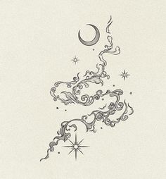 a drawing of a crescent with stars and swirls on the side, in black ink