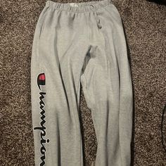 Never Worn Perfect Condition Size Medium Grey Champion Sweatpants Gray Letter Print Pants For Loungewear, Champion Sweatpants, Baggy Sweatpants, Christmas Board, Champion Pants, Burgundy Top, Grey Sweatpants, Cat Room, Grey Pants