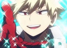 an anime character with blonde hair and red gloves holding his hand up in the air