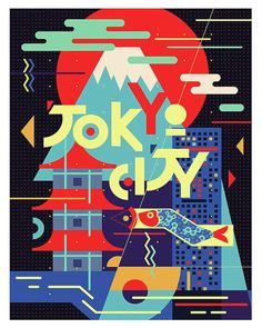 an abstract poster with the words joky city in different colors and shapes, on a dark