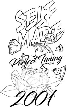 a black and white drawing of a clock with the words selfie mark's perfect time 2011 on it