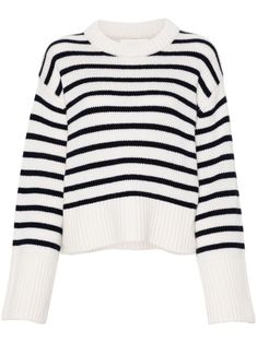 blue/white cashmere knitted construction horizontal stripe pattern crew neck long sleeves ribbed cuffs and hem White Long Sleeve Sweater With Horizontal Stripes, Luxury Striped Cotton Sweater, Black And White Striped Knit Sweater, Luxury Horizontal Striped Sweater, Luxury Long Sleeve Striped Cardigan, Fall Winter Fashion Trends, Cashmere Jumper, Yoko London, Wardrobe Edit