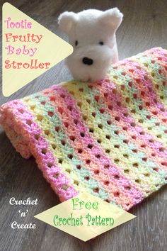 a crocheted baby blanket with a teddy bear on it and the text, free crochet pattern