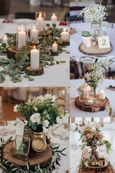 several pictures of candles and flowers on tables