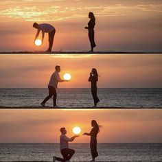 two people are standing on the beach and one person is kneeling down in front of the sun