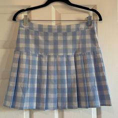 Super Cute! Nwot Blue And White Plaid Skirt, Blue Preppy Tennis Skirt For Spring, Preppy Blue Mini Skirt, Preppy Blue Mini Tennis Skirt, Preppy Blue Pleated Tennis Skirt, Preppy Blue Skirt For Spring, Preppy Blue Skort For Spring, Blue Preppy Skort For Spring, Preppy Blue Pleated Skort