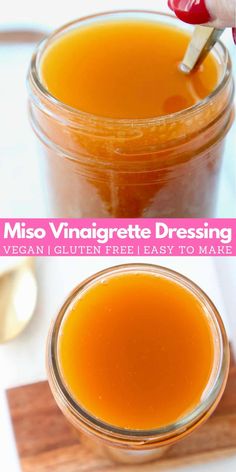 two images show how to make miso vinaigrete dressing in a jar