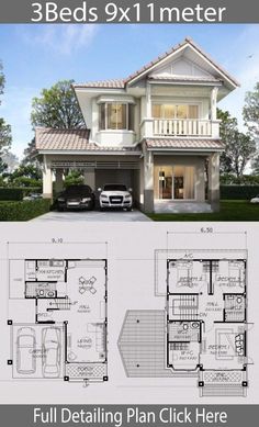 two story house plan with 3 beds and 1 meter floor space in the front yard