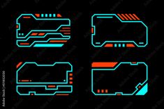 four neon blue and orange shapes on a black background