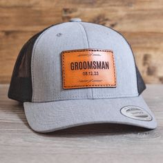 Custom Wedding Party Groomsmen Hat with Engraved Tan Patch Wedding Dates, Wedding Roles, Wedding Initials, Leather Colors, Groomsmen Gifts, Groomsmen Gift, Veg Tan Leather, Leather Hide, Patch Design