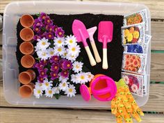 a plastic tray with flowers and gardening utensils on it next to some dirt