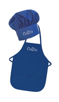 a blue chef's hat with the word colin on it and an apron attached to it