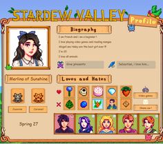 the stardew valley profile screen, with an image of two women and one man