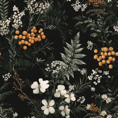 a black background with white flowers and oranges on the top right hand corner is an image of leaves, berries, and other plants