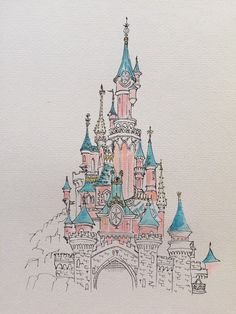 a drawing of a pink castle with blue turrets