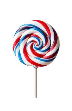 a red, white and blue lollipop on a stick