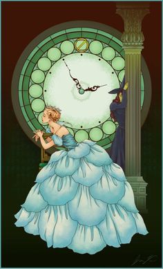 a painting of a woman in a blue dress next to a clock with a wizard on it