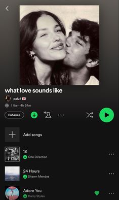 two people kissing each other with the caption'what love sounds like'above them