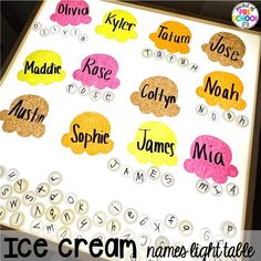 an ice cream board with words and numbers on it