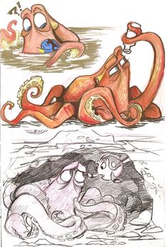 an octopus is laying on its back in the water and another drawing has been drawn