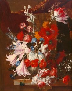 a painting of flowers in a vase on a table