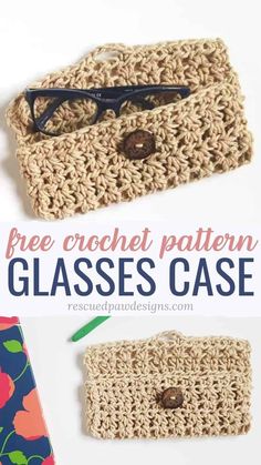 crocheted glasses case with text overlay that says free crochet pattern