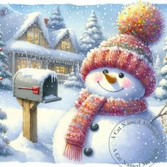 a snowman with a red hat and scarf next to a mailbox