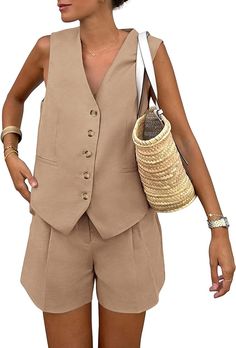 PRETTYGARDEN Two Piece Outfits for Women Summer Button Up V Neck Vest Waistcoat and Pockets Shorts Chic Casual Matching Sets (Khaki,Large) at Amazon Women’s Clothing store 2 Piece Outfits For Women, Blazer E Short, Outfits For Women Summer, Outfits Sleeveless, Vest Style Women, V Neck Vest, Womens High Waisted Shorts, Sleeveless Blazer, Vest Waistcoat