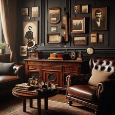 a living room filled with furniture and framed pictures on the wall behind a leather chair