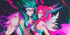 two anime characters with colorful hair and wings