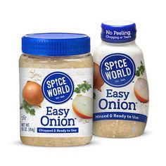 two jars of spice world easy onion and garlic seasoning next to each other on a white background