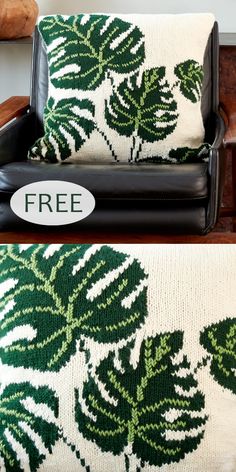 a black leather chair with a green and white pillow on it's back that says free