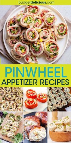 the cover of pinwheel appetizer recipes is shown with pictures of different foods