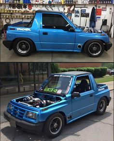 two pictures of a blue truck with the hood up and engine in the bed open