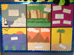 a bulletin board with different types of trees and mountains on it, along with some writing