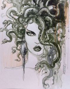 a drawing of a woman's face with snakes on her hair and eyes closed