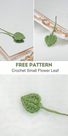 the crochet small flower leaf is shown in three different views, including one green and