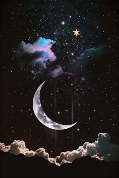 the moon and stars are in the night sky above some clouds that have been painted