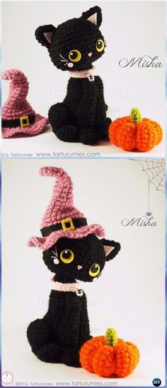 crocheted black cat sitting next to a pumpkin