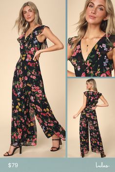 Let your dedication to style blossom in the Lulus Blooming Love Black Floral Print Ruffled Jumpsuit! Sleek woven chiffon, in a vivid magenta, yellow, and green floral print, tumbles from a ruffled surplice neckline (with hidden modesty snap), into a bodice with a fitted waist. Wide pant legs add extra drama below. Hidden back zipper/clasp. Fit: This garment fits true to size. Length: Floor length. Size medium measures 16.5" from shoulder to hem. Inseam: 31.50 Front Rise: 13.25 Bust: Great for an Summer Floral Print Jumpsuits And Rompers For Garden Party, Summer Chiffon V-neck Jumpsuit, Multicolor Floral Print Jumpsuit For Day Out, Multicolor Floral Print Jumpsuits And Rompers For Day Out, Multicolor Floral Jumpsuits And Rompers For Day Out, Spring Multicolor Floral Jumpsuits And Rompers, Chic Flowy Jumpsuits And Rompers With Floral Print, Chic Flowy Floral Jumpsuits And Rompers, Multicolor Floral Print Jumpsuits For Spring