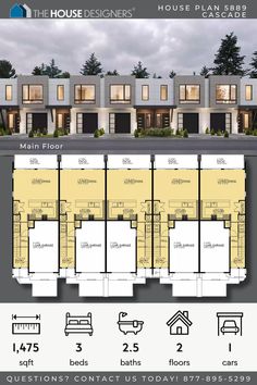 the house designers floor plan is shown with four levels and five rooms, two bathrooms, three