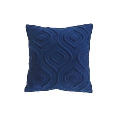 a blue pillow with an intricate design on the front and back, sitting against a white background