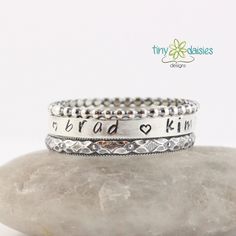 Sterling silver stacking ring set by tiny daisies designs Sterling Silver Stacking Rings, Name Rings, Stacking Ring Set, Silver Stacking Rings, Western Jewelry, Small Rings, Personalized Rings, Oxidized Sterling Silver, Diamond Pattern