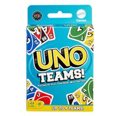 uno teams up to 4 teams card game in a blue box on a white background