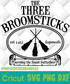 the three broomsticks movie logo is shown in black and white with green lettering