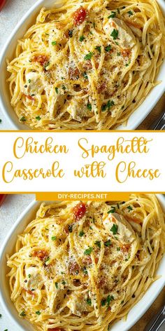 chicken spaghetti casserole with cheese in a white bowl