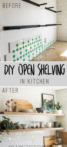 the before and after photos of an open shelving unit in a kitchen, with text overlay reading diy open shelfing in kitchen