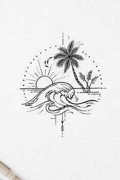 a drawing of a bird flying over the ocean with a palm tree in the background