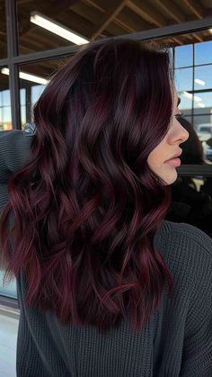 25 Stylish Ideas for Your Dream Burgundy Hair Dark Brown And Maroon Hair, Burgundy Hair With Balayage, Dark Hair With Maroon Highlights, Hair Color Ideas Maroon, Dark Burgundy Highlights, Dimensional Dark Red Hair, Dark Red Hair Brown Eyes, Burgundy Hair With Dark Roots, Ombre Burgundy Hair